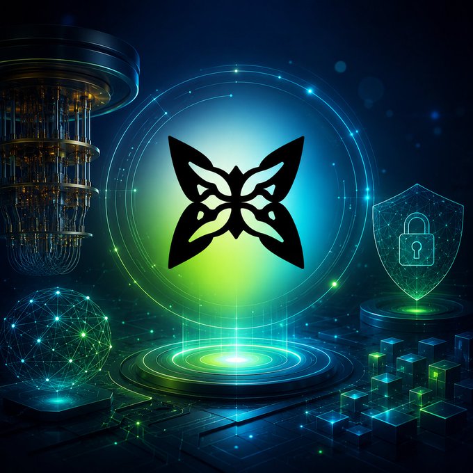 A glowing butterfly-shaped logo at the center is surrounded by quantum computing imagery—including a quantum processor, a networked sphere, and a padlock shield—visually representing Quip Network's fusion of quantum-powered optimization and digital asset security highlighted in the post.