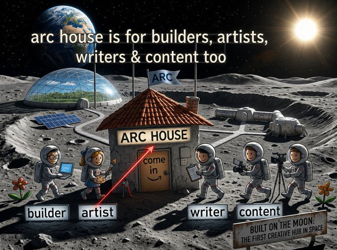 Illustration of 'Arc House' on the moon with astronauts labeled 'builder', 'artist', 'writer', and 'content', reading 'arc house is for builders, artists, writers & content too' with 'BUILT ON THE MOON: THE FIRST CREATIVE HUB IN SPACE'.
