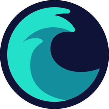 A circular logo featuring a stylized teal wave design on a dark blue background.