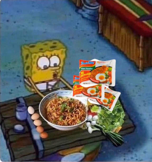 A SpongeBob SquarePants meme showing the character looking surprised at a table with Indomie Mi Goreng instant noodles, packaged seasonings, fresh vegetables, eggs, and a prepared bowl of noodles.