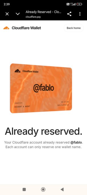 A Cloudflare Wallet page displays the handle "@fablo" already reserved, with text confirming "Your Cloudflare account already reserved @fablo. Each account can only reserve one wallet name." This relates to the post about early adoption of agentic AI wallet handles, showing how users can secure names for future AI agent usage on Cloudflare.