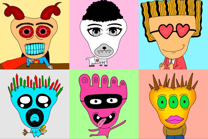 A 2x3 grid of colorful cartoon character illustrations, including a horned figure, a white dog-like character, a blonde person with heart eyes, a blue figure with colorful spikes, a pink masked character with its tongue out, and an orange character with green eyes.