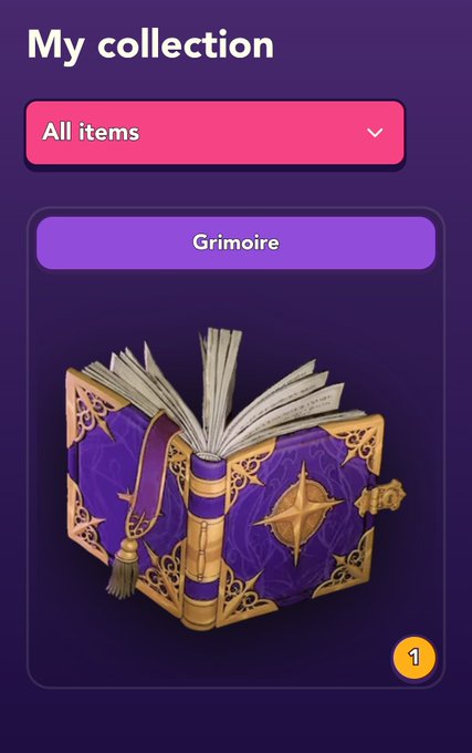 Mobile app screen displaying a 'My collection' page, specifically showing a 'Grimoire' item in a digital inventory.
