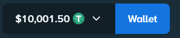 A digital wallet interface displays a balance of $10,001.50 in Tether (T), paired with a blue "Wallet" button, supporting the post's mention of a "$10,000 raw balance bonus hunt" on Stake.