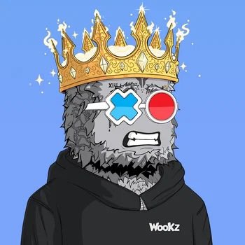 An NFT-style cartoon monkey character wearing a gold crown and sunglasses with blue X and red circle lenses, dressed in a black hoodie labeled 'WooKz' against a blue background.