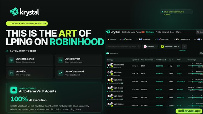 A website landing page for 'krystal' with the headline 'THIS IS THE ART OF LPING ON ROBINHOOD', showing an 'Automation Toolkit' with features like 'Auto Rebalance' and 'Auto Exit', and a dashboard preview at defi.krystal.app.