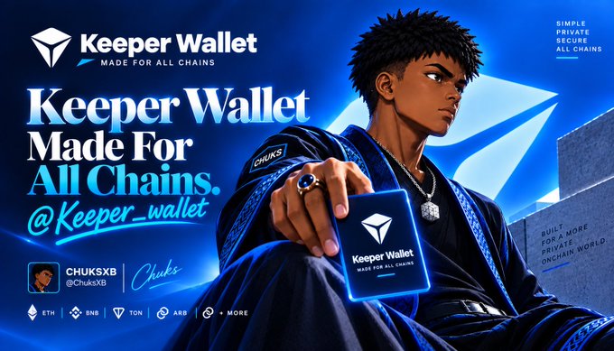 A promotional banner for 'Keeper Wallet', featuring an anime-style character and the tagline 'Keeper Wallet Made For All Chains.'