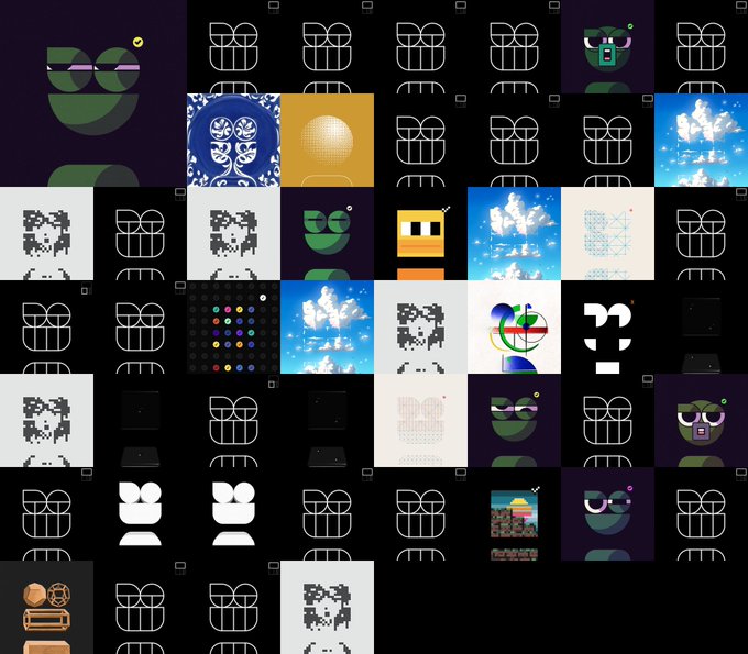 A dark grid layout displaying various digital art thumbnails including pixel characters, abstract patterns, and cloud images.