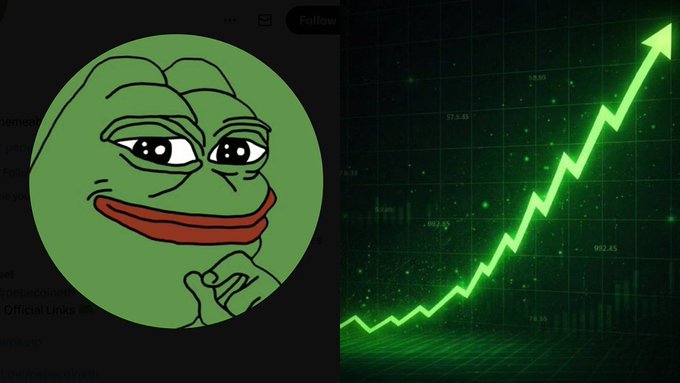 The image shows the Pepe the Frog meme character alongside a green upward-trending chart, visually supporting the rumor about a potential 70% $PEPE supply burn that could drive significant price gains.