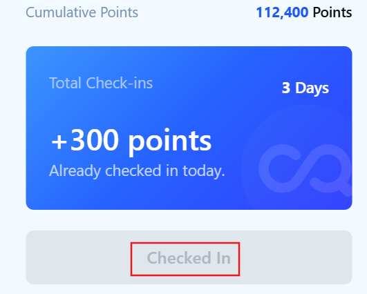 A user interface screen displaying 'Cumulative Points' at 112,400 Points, with a blue card showing 'Total Check-ins 3 Days' and '+300 points' earned for checking in, along with a checked-in button.