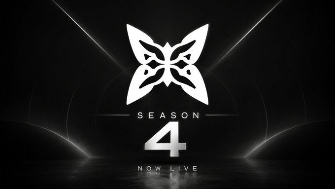 A sleek black promotional graphic with a white butterfly-like emblem announcing 'Season 4' now live.