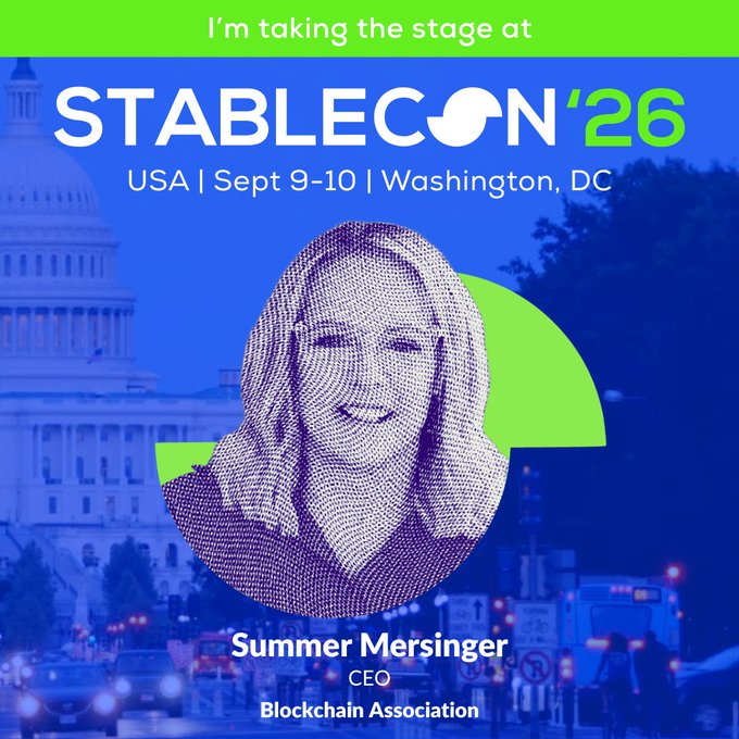 A promotional poster for 'STABLECON '26' in Washington, DC, announcing that 'Summer Mersinger', CEO of the Blockchain Association, is taking the stage.
