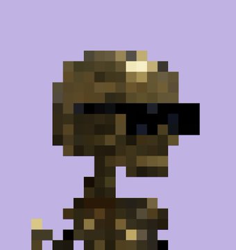 A low-resolution pixel art rendering of a brown armored figure or character with a visor, set against a solid light purple background.