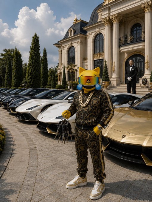 A figure wearing a black and gold patterned tracksuit, gold chain, and a yellow cat emoji mask with blue headphones stands in front of a row of luxury cars at a mansion, holding car keys.