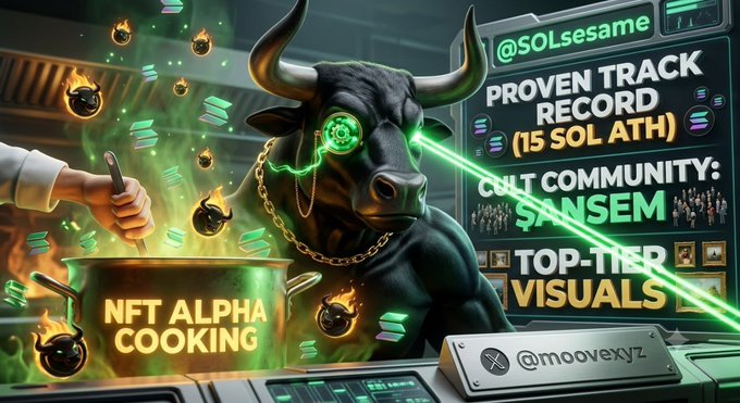 A dark, muscular bull with glowing green laser eyes stands beside a bubbling cauldron labeled "NFT ALPHA COOKING," while a digital display highlights "@SOLsesame," a "PROVEN TRACK RECORD (15 SOL ATH)," a "CULT COMMUNITY: $ANSEM," and "TOP-TIER VISUALS," visually reinforcing the post's hype around the project's momentum, credibility, and strong community backing.