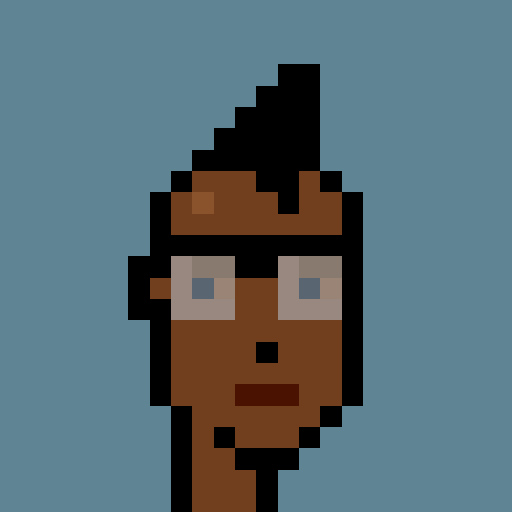 A low-resolution pixel art portrait of a person with dark skin, dark hair, and blue eyes against a solid blue background.