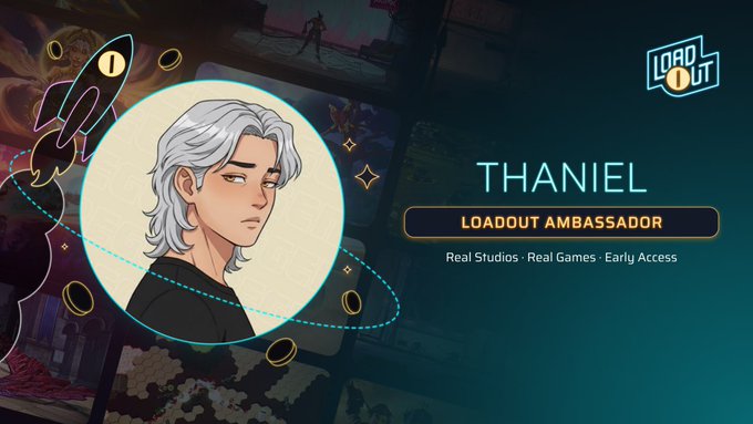The image is a promotional graphic featuring an anime-style portrait of a silver-haired character with green eyes, alongside the text "THANIEL" and "LOADOUT AMBASSADOR" with the tagline "Real Studios · Real Games · Early Access." The Loadout logo appears in the top right corner, and the post announces a partnership with @loadoutprotocol, a platform connecting indie games with early supporters, encouraging viewers to sign up at app.loadout.xyz/?r=Thaniel.
