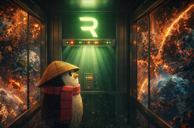 A penguin wearing a conical hat and red scarf stands in a sci-fi corridor with a glowing green 'R' symbol and fiery windows showing planets.
