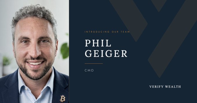 A promotional graphic introducing Phil Geiger as CMO of Verify Wealth, featuring a smiling headshot of a bearded man in a blazer beside the text "INTRODUCING OUR TEAM," "PHIL GEIGER," "CMO," and "VERIFY WEALTH," which relates to the post about seeking financial planning advice after his 2018 marriage and significant bitcoin holdings.