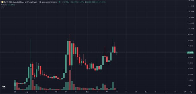 A candlestick chart from Dexscreener showing the CAT(SOL) token on PumpSwap, with a market cap of $53.57M and price around $0.58, displaying green and red candles over an Aug-Sep timeframe.