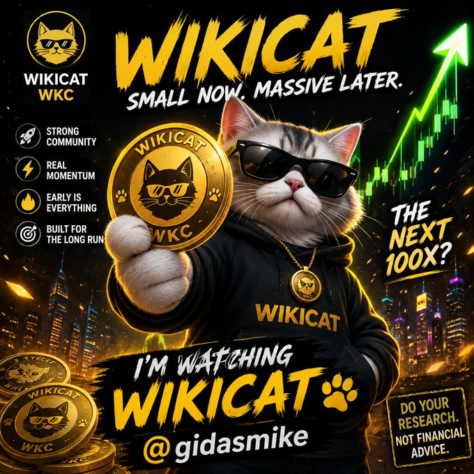 A cat wearing sunglasses and a hoodie holds a gold "WIKICAT WKC" coin against a city skyline backdrop with a rising green chart, featuring the tagline "SMALL NOW. MASSIVE LATER." and "I'M WATCHING WIKICAT @gidasmike."

The image visually reinforces the post's message of shifting focus from Core to WikiCat (WKC), highlighting the promotional claims of a "strong community," "real momentum," and "the next 100x?" while maintaining the disclaimer that it's not financial advice.