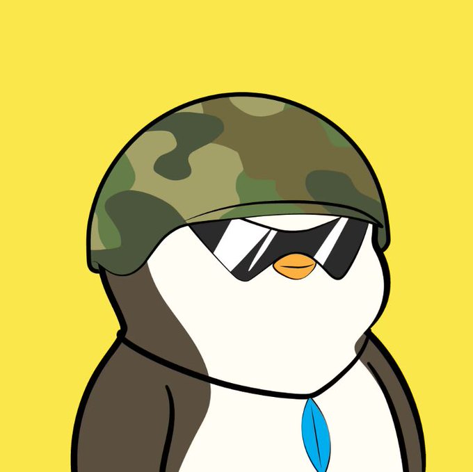 A cartoon penguin wearing a camouflage military helmet and reflective sunglasses is depicted against a bright yellow background. The tough, "military-style" look of the penguin plays into the post's theme of "pudgy follow[ing] pudgys," suggesting the user is stylizing their new Pudgy Penguin NFT as a fellow "soldier" in the Pudgy Penguins community.