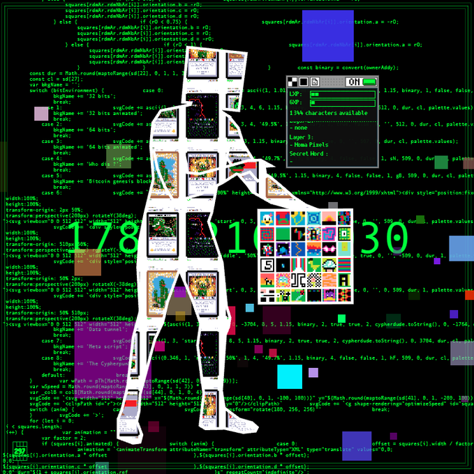 A glitchy digital collage featuring a silhouetted figure filled with small game screenshots and pixel art, overlaid on a background of colorful code, displaying the number '178' on both sides with '30' and '28' prominently shown in green.