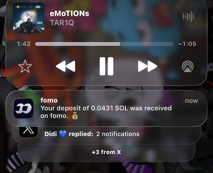 A smartphone notification panel showing a music player for 'eMoTiONs' by TAR1Q and a notification from 'fomo' that 'Your deposit of 0.0431 SOL was received'.