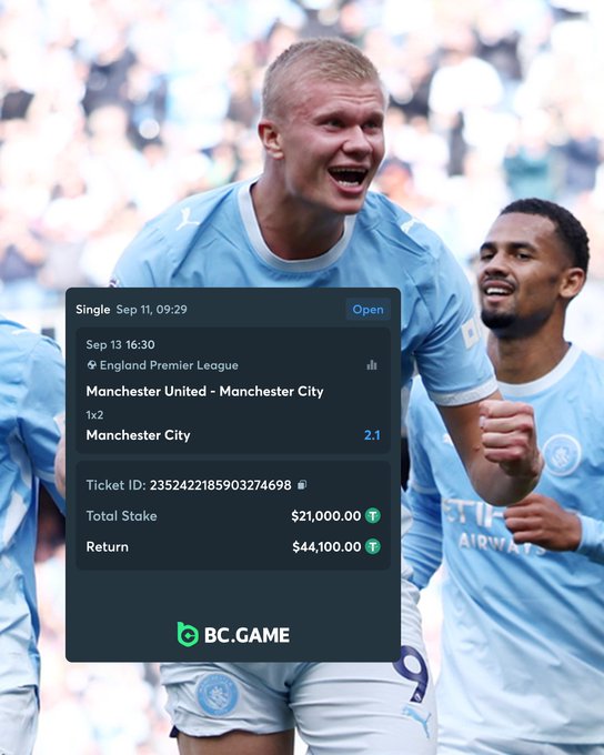 A betting slip overlay from BC.GAME showing a successful 2.1 odds wager on Manchester City vs Manchester United (England Premier League, Sep 13), with a $21,000 stake returning $44,100.00, set against Manchester City players celebrating.