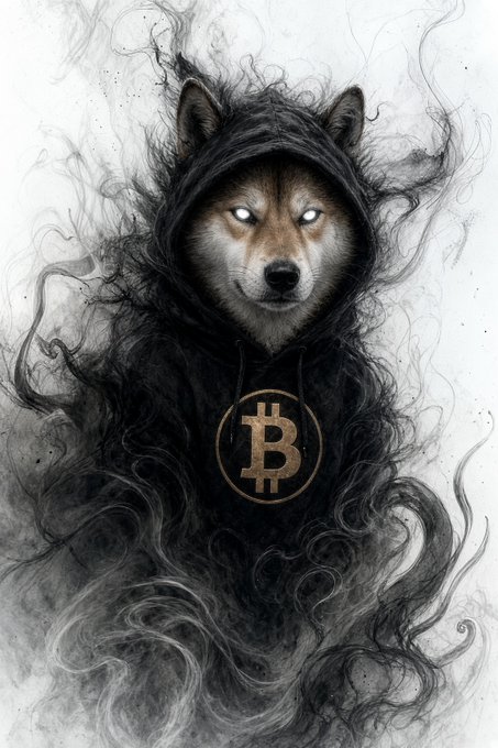 An illustration of a wolf wearing a black hooded cloak with a gold Bitcoin symbol on its chest, surrounded by black smoke against a white background.