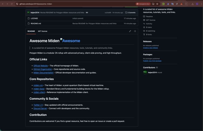 A GitHub repository page titled 'Awesome Miden' displays official links, core repositories, and community resources for the Polygon Miden project.
