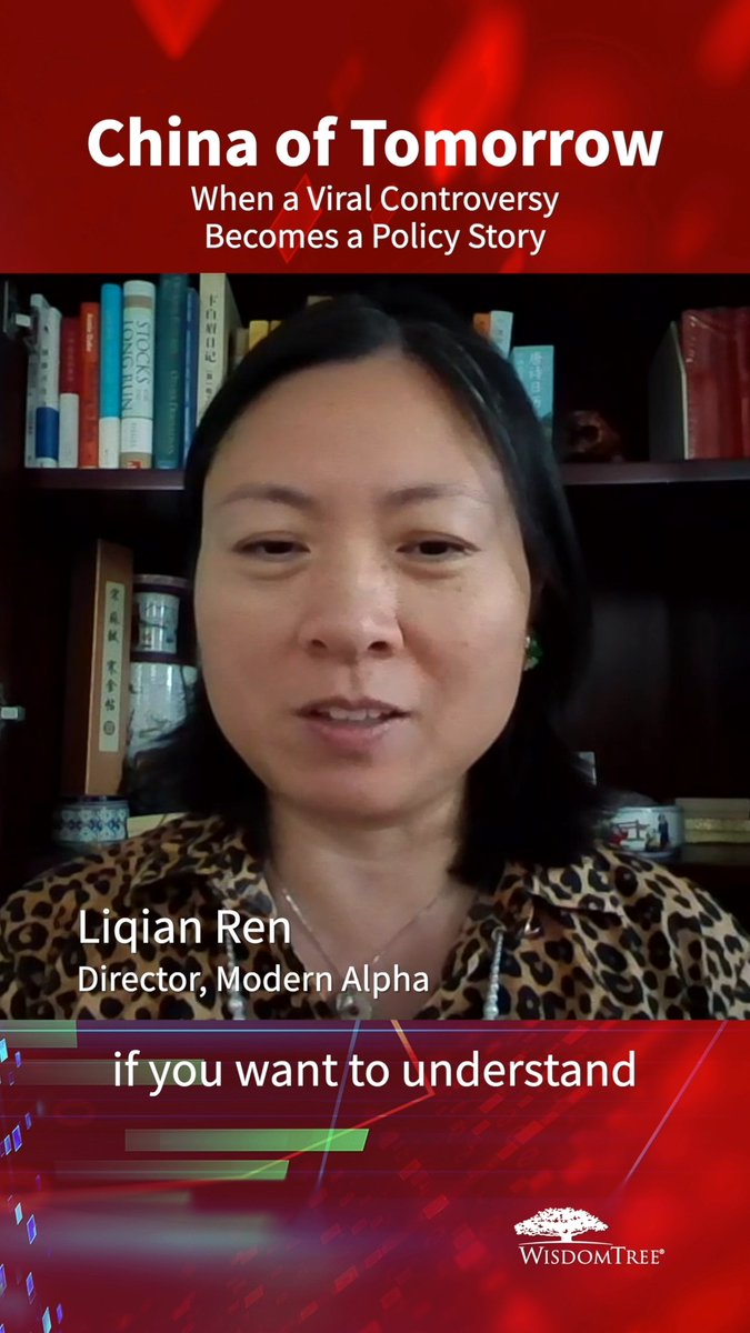 A screenshot from a video titled 'China of Tomorrow - When a Viral Controversy Becomes a Policy Story' featuring Liqian Ren, Director of Modern Alpha, with a WisdomTree logo visible.