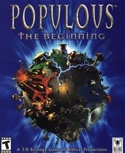 The box art for the video game 'Populous: The Beginning', described as 'A 3-D Strategy Game of Biblical Proportions'.