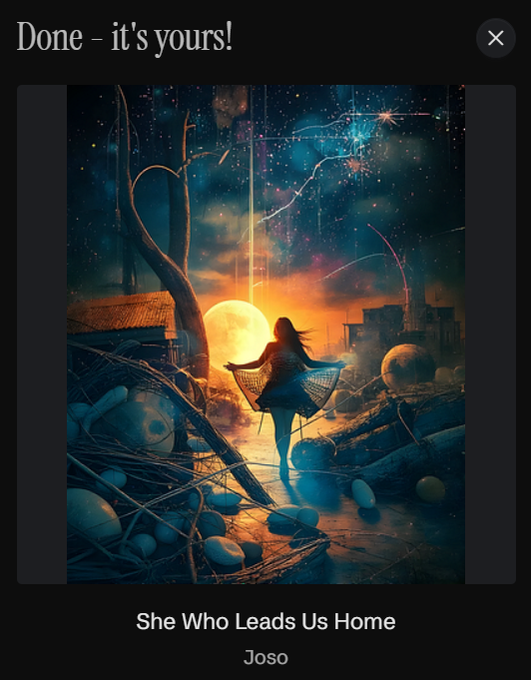 A digital art share screen displays 'Done - it's yours!' at the top, showing an illustration of a girl holding glowing nets at sunset titled 'She Who Leads Us Home' by Joso.
