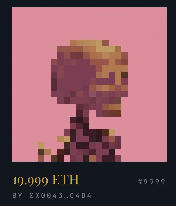 An NFT listing for a pixelated purple and orange character on pink background, priced at 19.999 ETH, token #9999, by address 0x0043...C4D4.