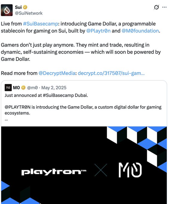 The image shows a Sui Network tweet announcing Game Dollar, a programmable stablecoin for gaming on Sui built by Playtron and M0 Foundation, shared alongside an M0 post from May 2, 2025 confirming the launch at SuiBasecamp Dubai. The graphic features the Playtron and M0 logos on a dark geometric background. The post highlights the contrast between Sui's past gaming-focused promises—like SuiPlay and Game Dollar—and the lack of follow-up updates, pointing to this announcement as evidence of a shifting narrative away from gaming.