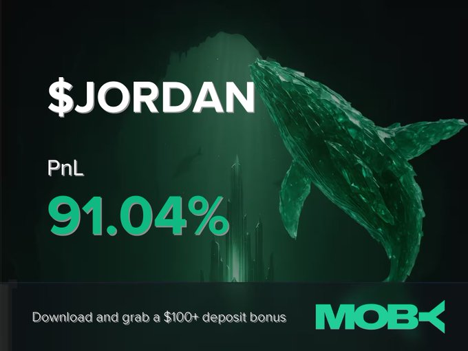 A promotional graphic for Moby Mobile features a green polygonal whale silhouette and underwater imagery, highlighting a "$JORDAN" trade alert with a "91.04%" PnL and a call-to-action offering a "$100+ deposit bonus." The bold green percentage visually emphasizes the profitable outcome described in the accompanying post about the trader's significant gains on the $JORDAN token.