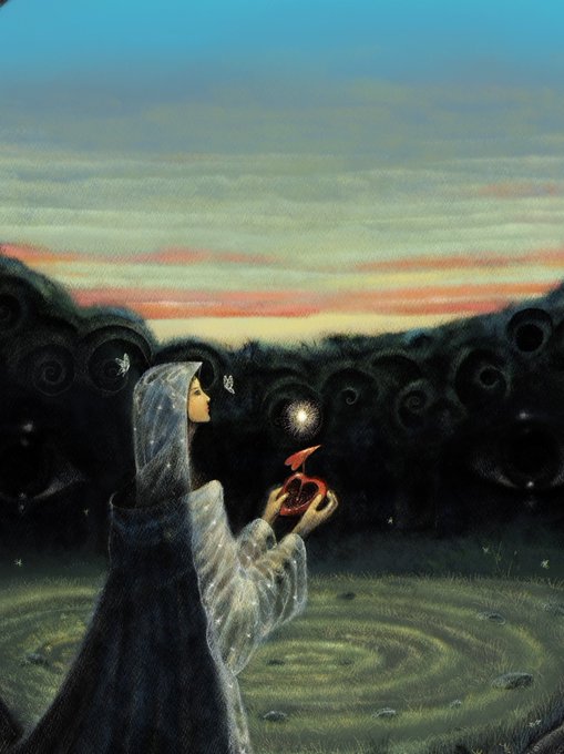 A painting of a hooded figure holding a glowing light and a small red bird against a twilight sky with spiral trees in a magical landscape.