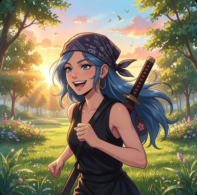 The image features an illustration of a woman with blue hair wearing a bandana around her head, holding a sword or a knife in her hand while walking through a park during sunrise. The scene includes trees and flowers, creating a serene atmosphere. The image also contains text that reads "Good morning most chains waste compute securing the network @quipnetwork wants that compute to do something useful building a proof-of-useful-work network + post-quantum wallet security for EVM, Solana and Bitcoin useful work and future-proof security in one stack is a". This suggests that the image might be related to an article or a post discussing the importance of blockchain technology and its potential applications.