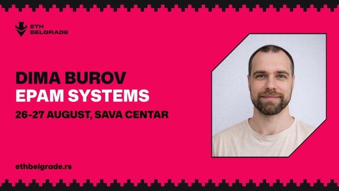 Pink promotional banner for ETH Belgrade featuring a photo of Dima Burov from EPAM Systems, scheduled for 26-27 August at Sava Centar, with ethbelgrade.rs displayed.