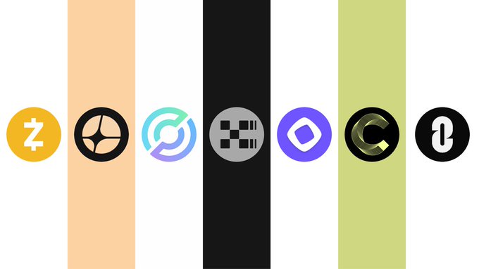 Seven cryptocurrency logos are displayed across colored vertical bands, including Zcash (Z), with the post introducing an updated watchlist after 8 months of tracking various crypto projects.
