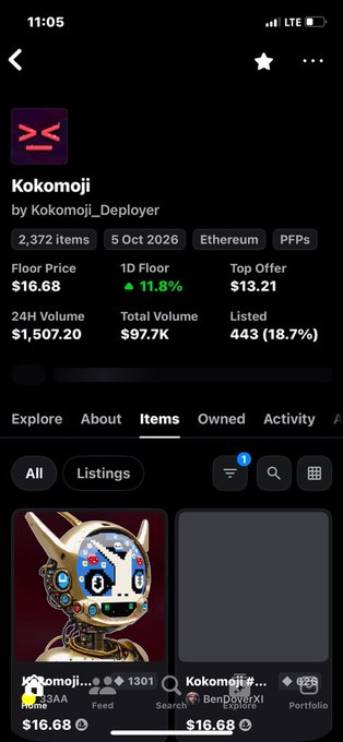 A mobile app screen displays details for the 'Kokomoji' NFT collection on Ethereum, showing a floor price of $16.68, a 11.8% price increase, and a list of digital avatars.