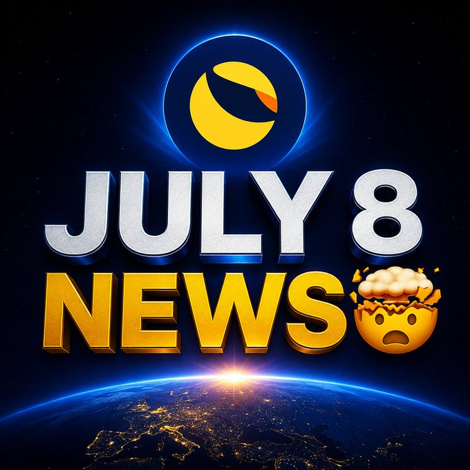 A dramatic space-themed graphic featuring a yellow crescent logo and an exploding-head emoji, displaying bold "JULY 8 NEWS" text against a backdrop of Earth from space, teasing a major crypto announcement related to LUNC and USTC.