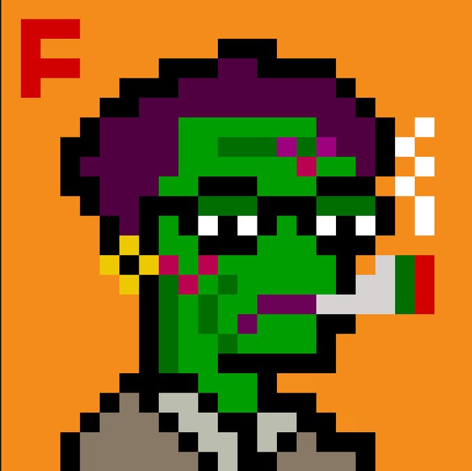 A pixel art portrait of a green-skinned figure with dark purple hair smoking a cigarette, set against an orange background with a red 'F' in the corner.
