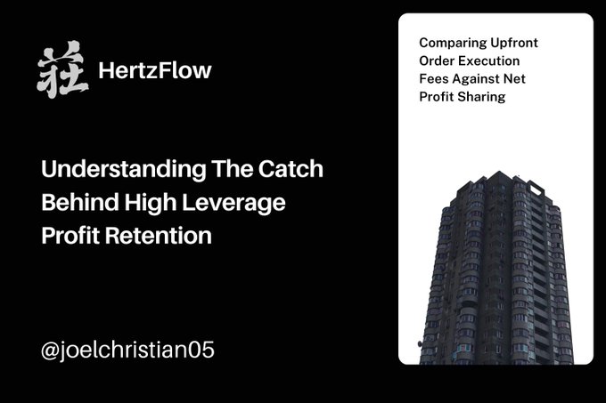The image is a presentation slide from HertzFlow featuring the title "Understanding The Catch Behind High Leverage Profit Retention," accompanied by a side panel titled "Comparing Upfront Order Execution Fees Against Net Profit Sharing" alongside a tall building photo. It relates to the post by explaining how HertzFlow's seemingly fee-free high-leverage trading model actually involves a trade-off between upfront fees and profit sharing.