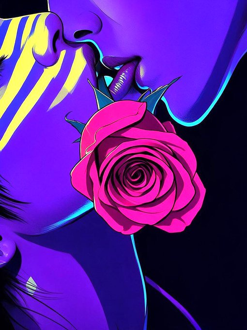 A vibrant digital illustration features a close-up profile of a woman's face in striking purple and yellow hues, with her lips parted as she bites the stem of a vivid pink rose. The artwork, credited to artists @IThinkItsArt and @wavespeed_ai as noted in the post, emphasizes the bold contrast between the subject's neon-toned skin and the richly detailed rose.