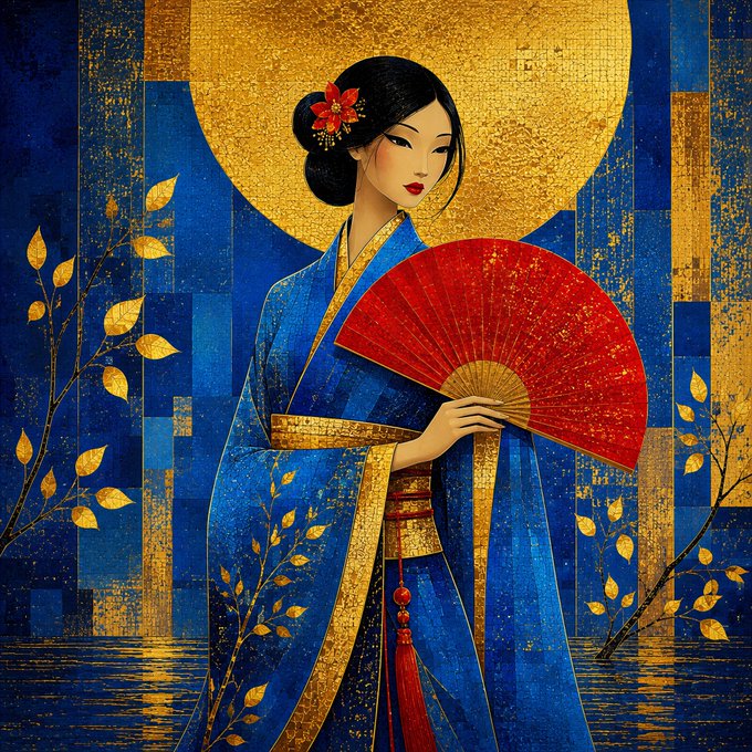 An illustration of a Japanese woman in a blue kimono holding a red folding fan, standing before a large golden moon with gold-leaf branches and a deep blue background.