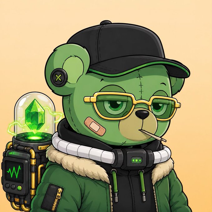 A stylized green bear character with glasses, a cap, and a toothpick wears a tech backpack containing a glowing green crystal, fitting the post's promotion of an upcoming NFT collection called "3,333 Bears" launching on Robinhood at a $0 mint price.