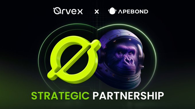 A promotional graphic for a "STRATEGIC PARTNERSHIP" between Qrvex and APEBOND, featuring their logos and a gorilla in a purple astronaut helmet against a dark background.