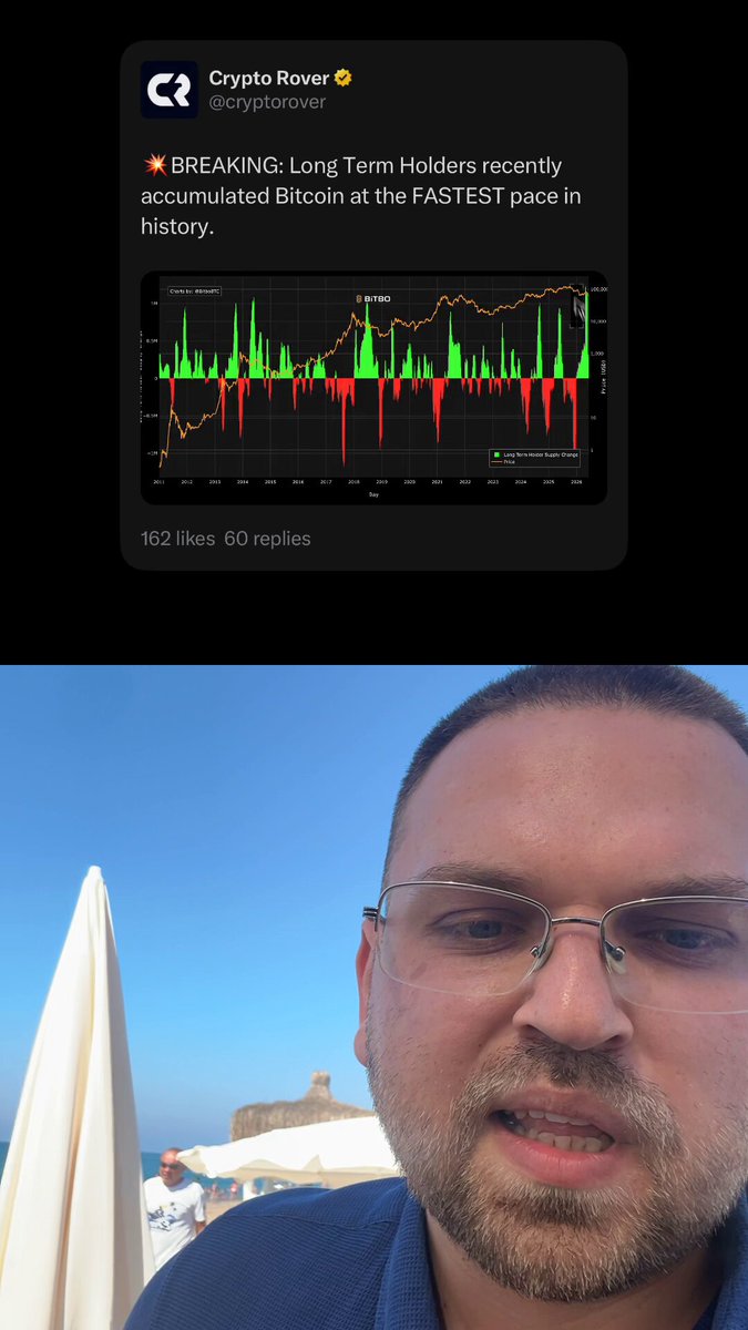 The image features a man wearing glasses with both of his eyes visible, standing against a blue sky backdrop. The main focus of the photo is a screenshot of an online trading platform where someone has posted about buying Bitcoin for $BTC, and the surrounding area seems to be a beach or poolside setting. In the caption, there are several mentions related to cryptocurrency such as Bitcoin, $BTC, DCA, and long-term holders, as well as a reference to a post about buying Bitcoin with a specific purchase amount in mind (e.g., $50K). The overall mood of the image is somewhat serious or intense, indicating that it might be an announcement related to a significant investment decision.